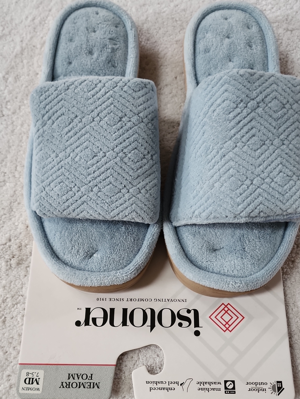 isotoner Light Blue Plush Memory Foam Slide Slippers Size 7.5-8 Nee